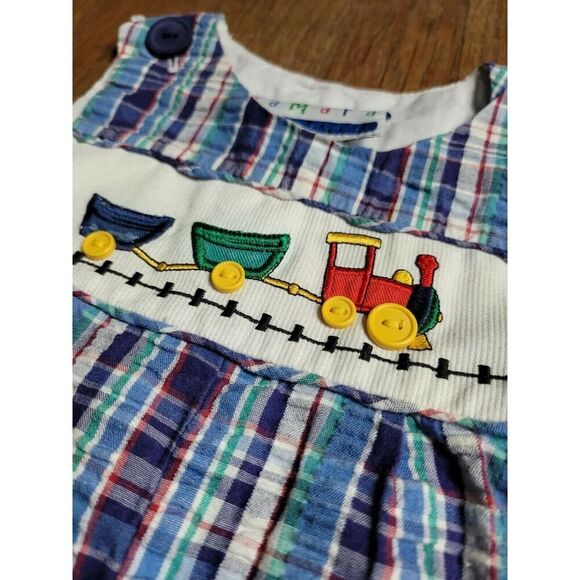 Vintage Samara Plaid Train Themed Romper Overalls - Picture 6 of 7